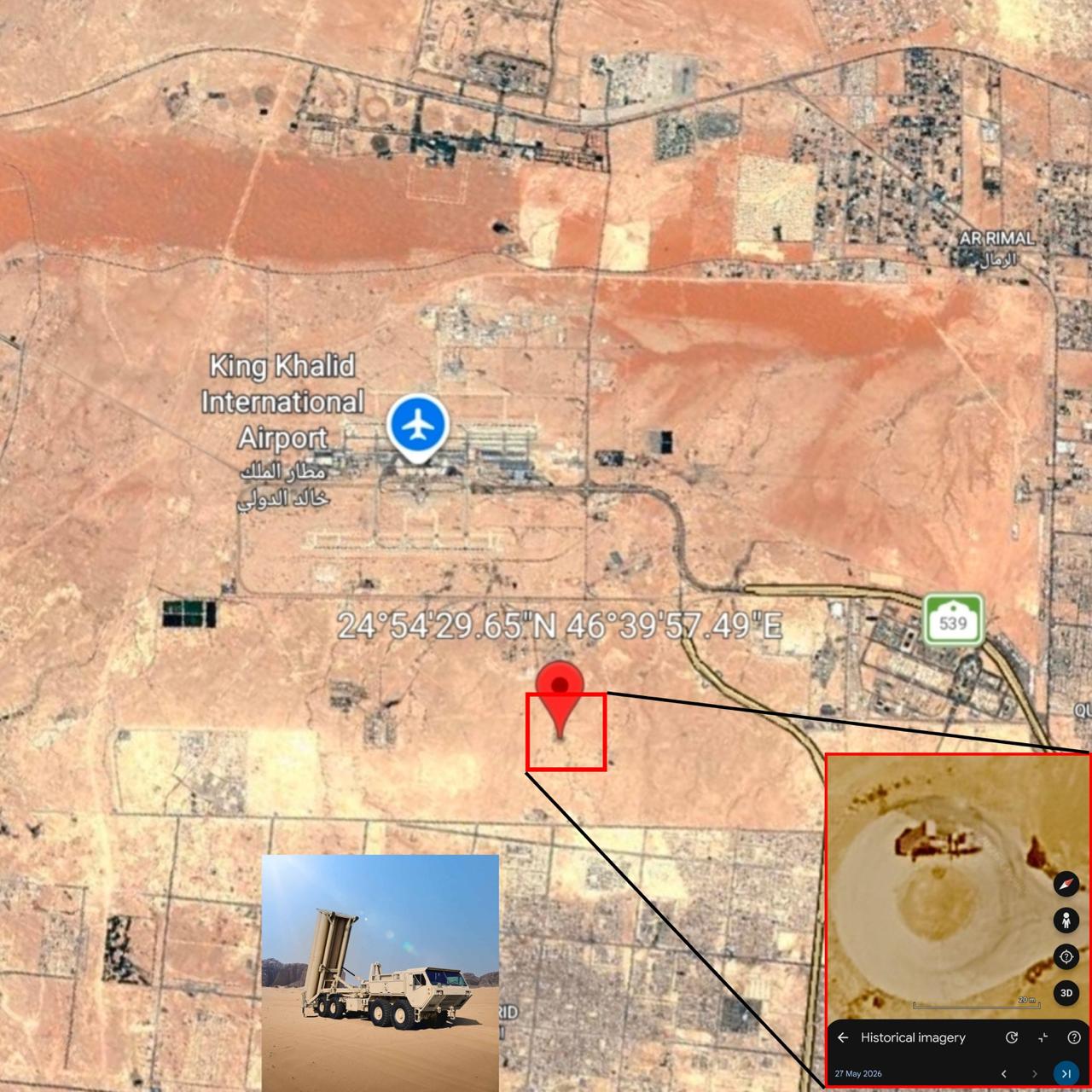 Image in @MarioNawfal's post: 🇸🇦 Saudi THAAD system was spotted FIRING near Riyadh airport
A battery was geolocated close to Ki…