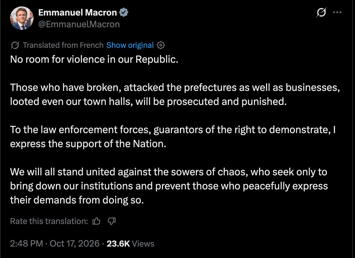 Image in @MarioNawfal's post: 🇫🇷 Macron has FINALLY found something France has run out of:
Room for violence.
After a day of bu…