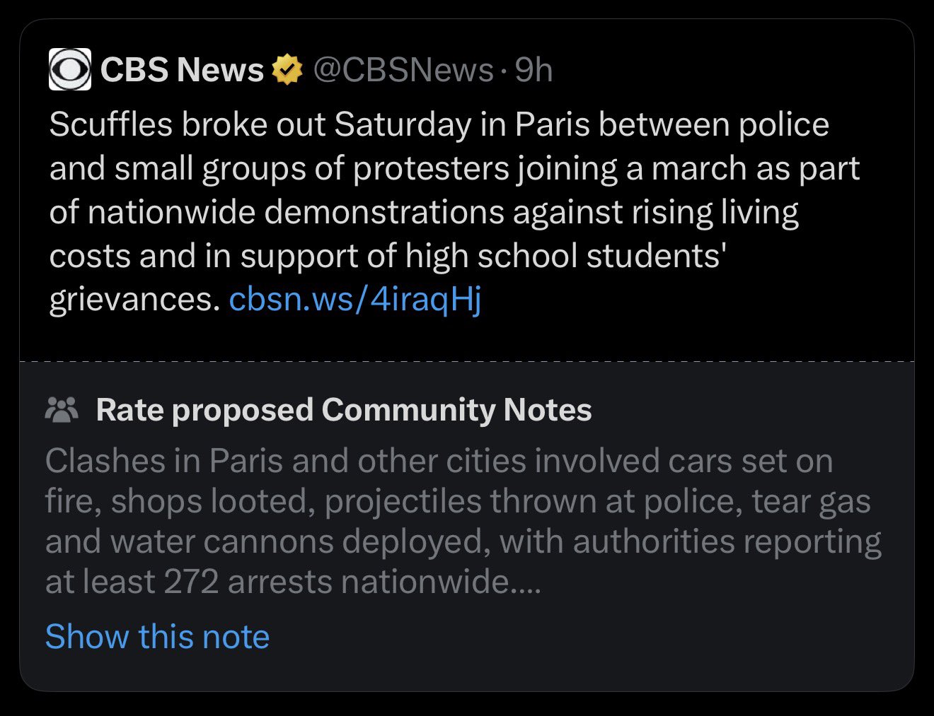 Image in @MarioNawfal's post: 🇺🇸🇫🇷 People are surprised that CBS News and the MSM are hardly noticing what’s going on in France a…