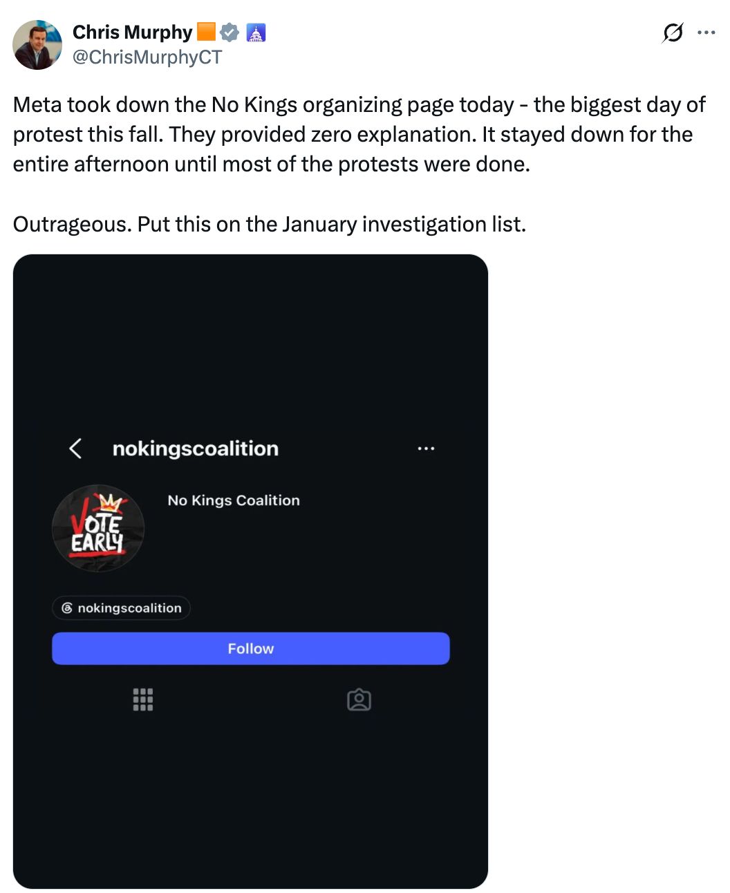 Image in @MarioNawfal's post: 🚨🇺🇸 Democratic Sen. Chris Murphy:
"Meta took down the No Kings organizing page today, the biggest …