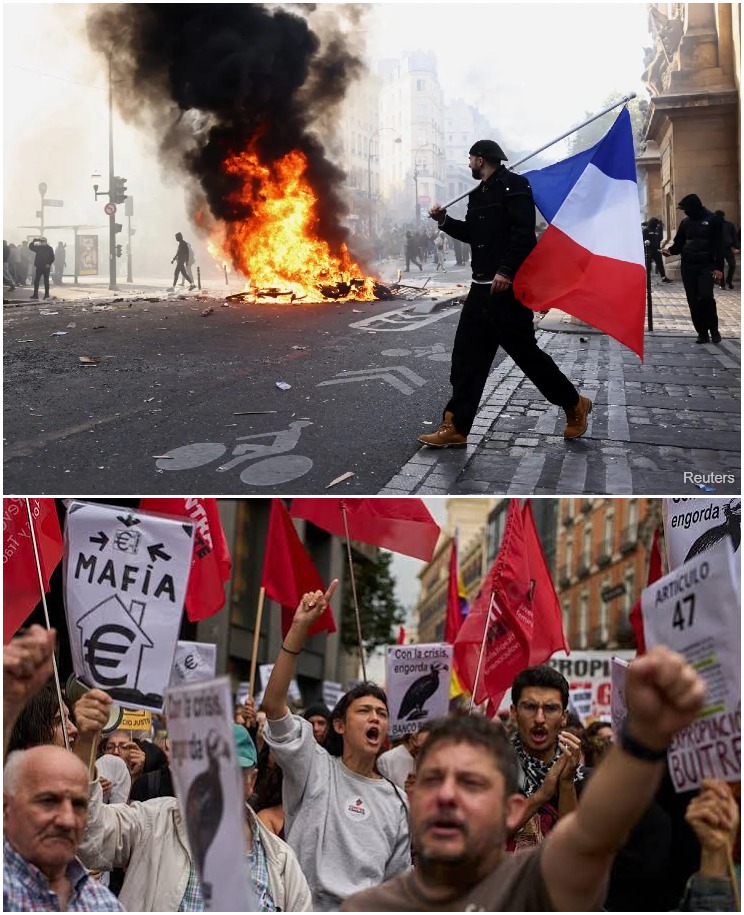 Image in @MarioNawfal's post: 🇪🇺 Protests and riots are ERUPTING across Europe amid anger over living costs, housing, and public …