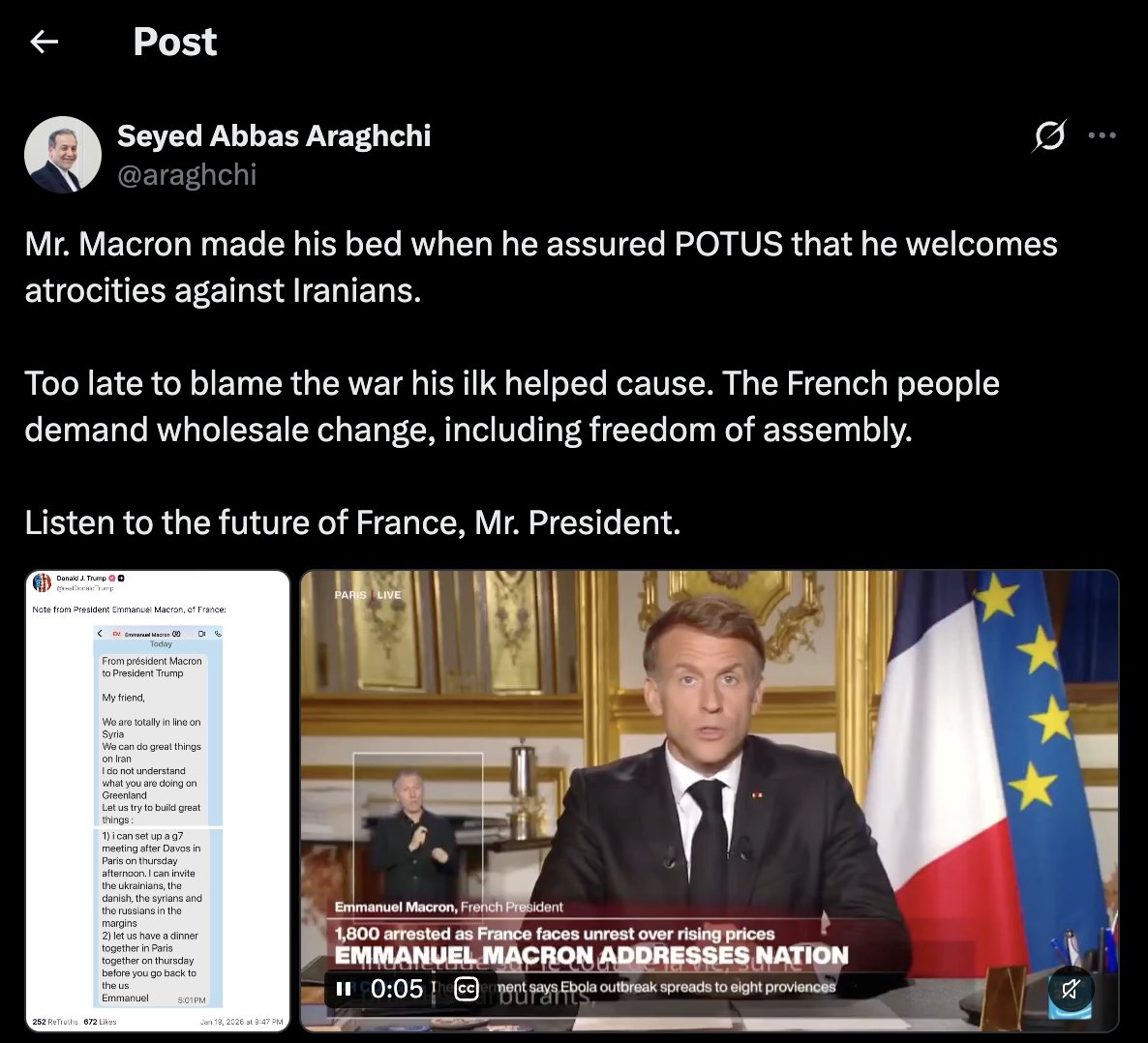 Image in @MarioNawfal's post: 🇫🇷🇮🇷 IRAN'S FM IS TROLLING MACRON OVER FRANCE FALLING APART
Abbas Araghchi has apparently decided …