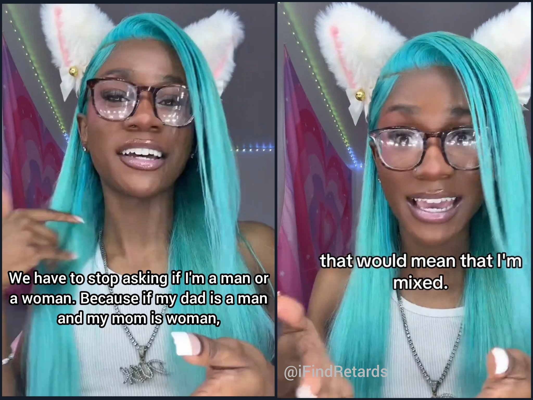Image in @IfindRetards's post: Trans retard thinks he is mixed gender because his father is a man and mother is a woman. https://t…