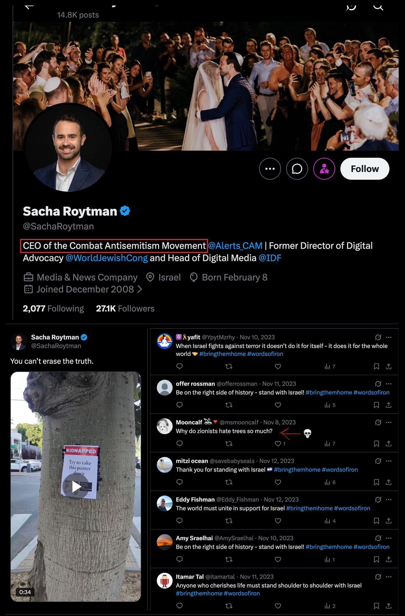 Image in @Wallface's post: CAM (Combat Antisemitism Movement) CEO @SachaRoytman has a post listed in Words of Iron’s archived …