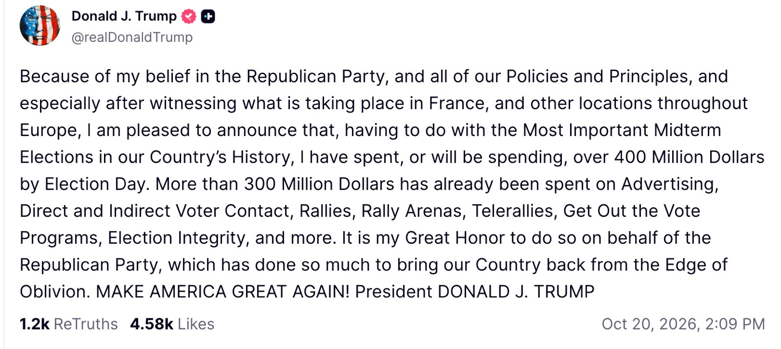 Image in @MarioNawfal's post: 🇺🇸 TRUMP JUST LOOKED AT THE CHAOS IN FRANCE AND DECIDED TO THROW $400 MILLION AT THE MIDTERMS
Not …