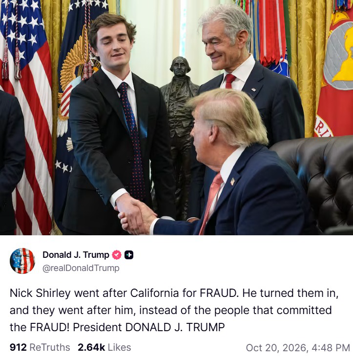 Image in @MarioNawfal's post: 🇺🇲 Trump hosted influencer Nick Shirley at the White House, praising his investigations into allege…