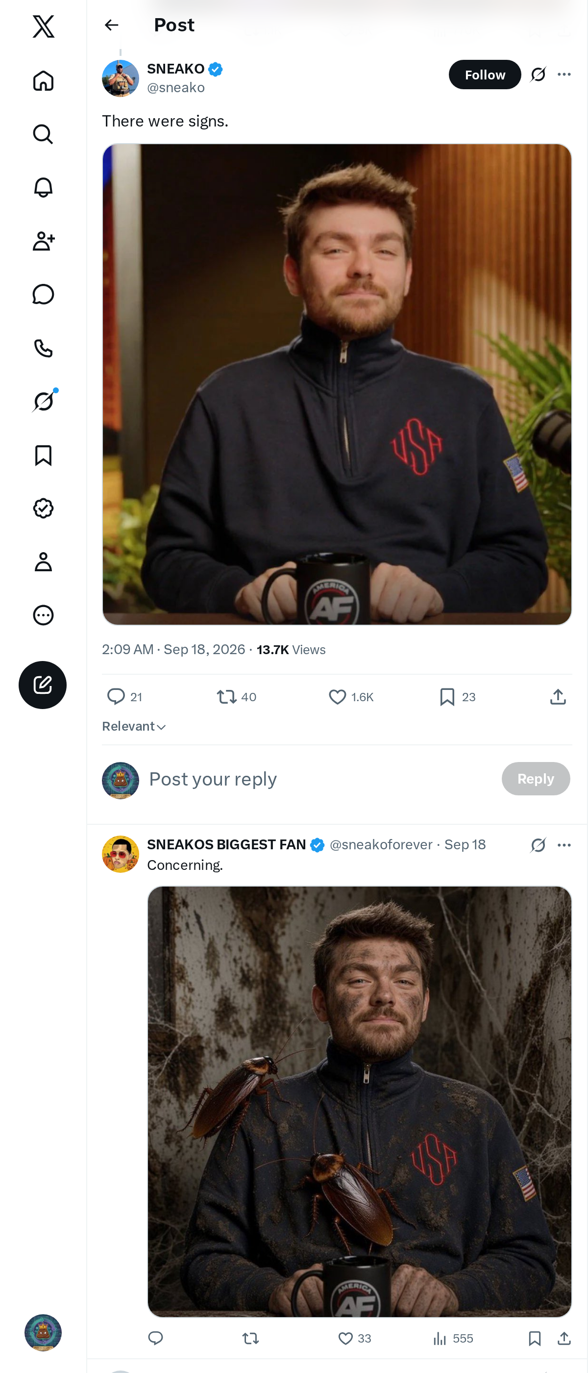 Snapshot 1 of @sneako's post from 2026-09-18