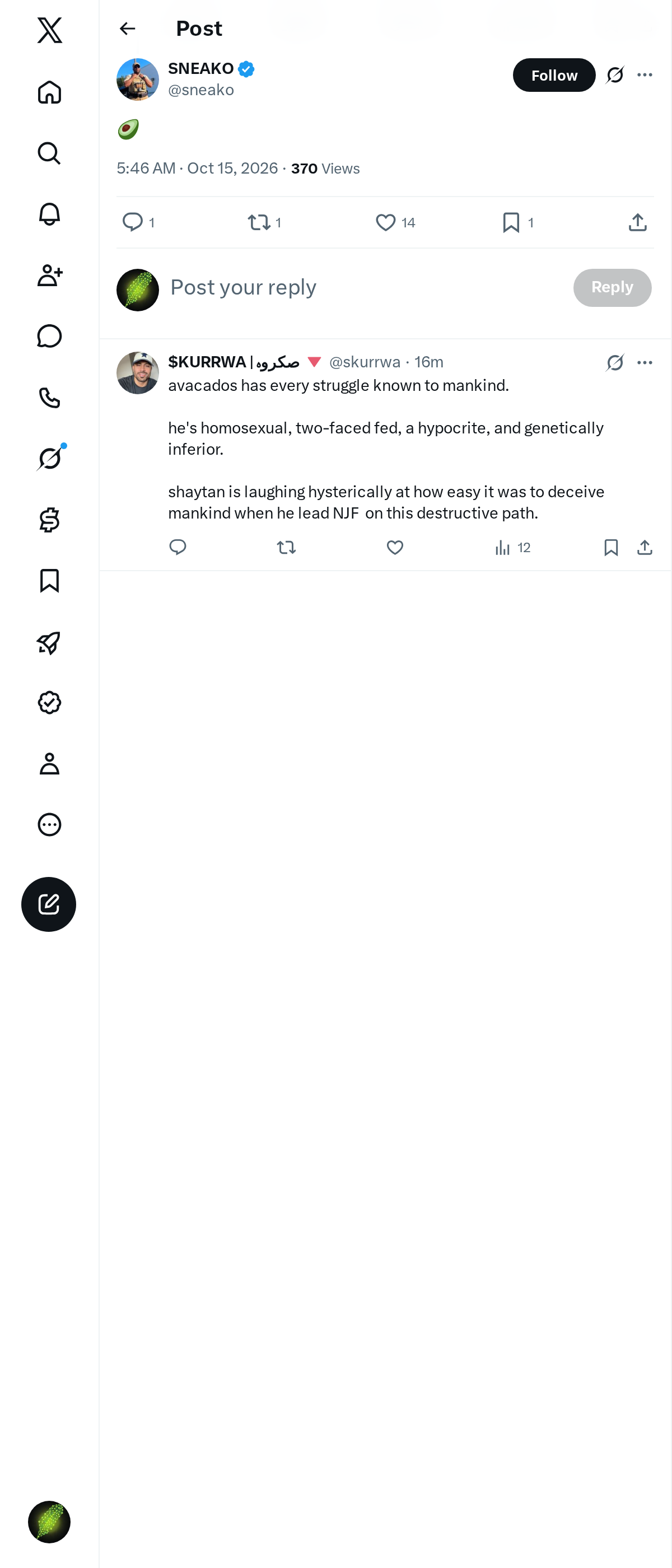 Snapshot 1 of @sneako's post from 2026-10-15