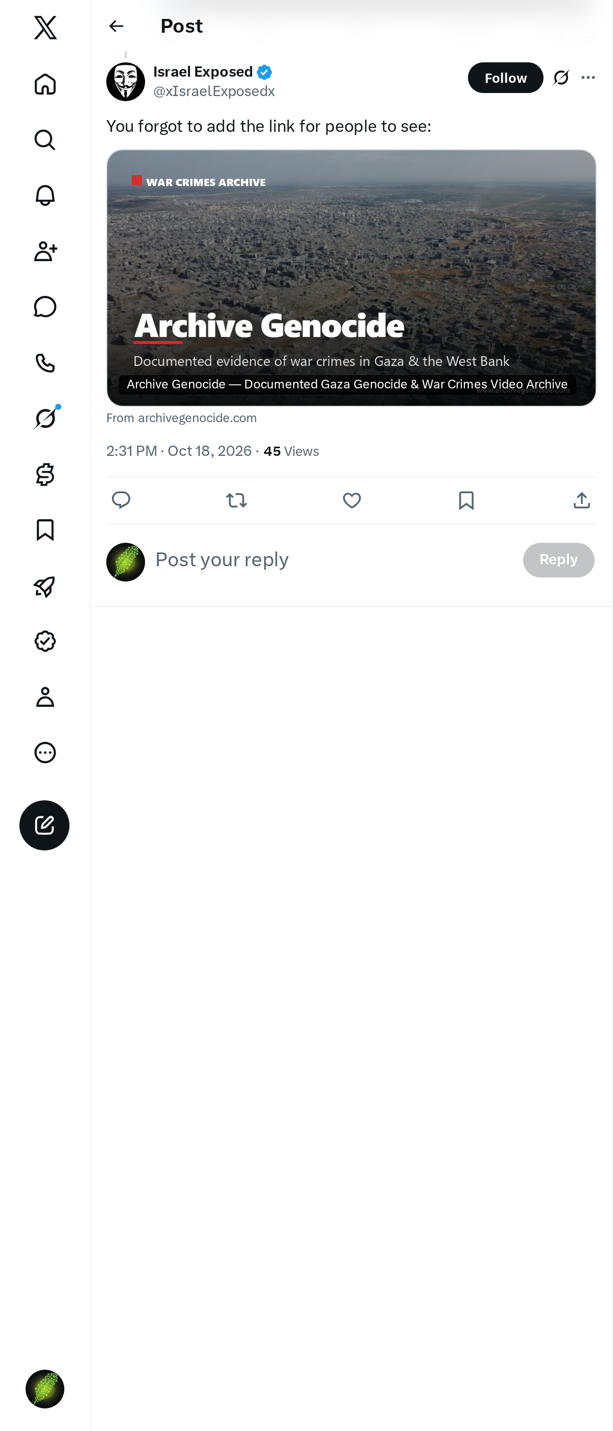 Snapshot 1 of @xIsraelExposedx's post from 2026-10-18